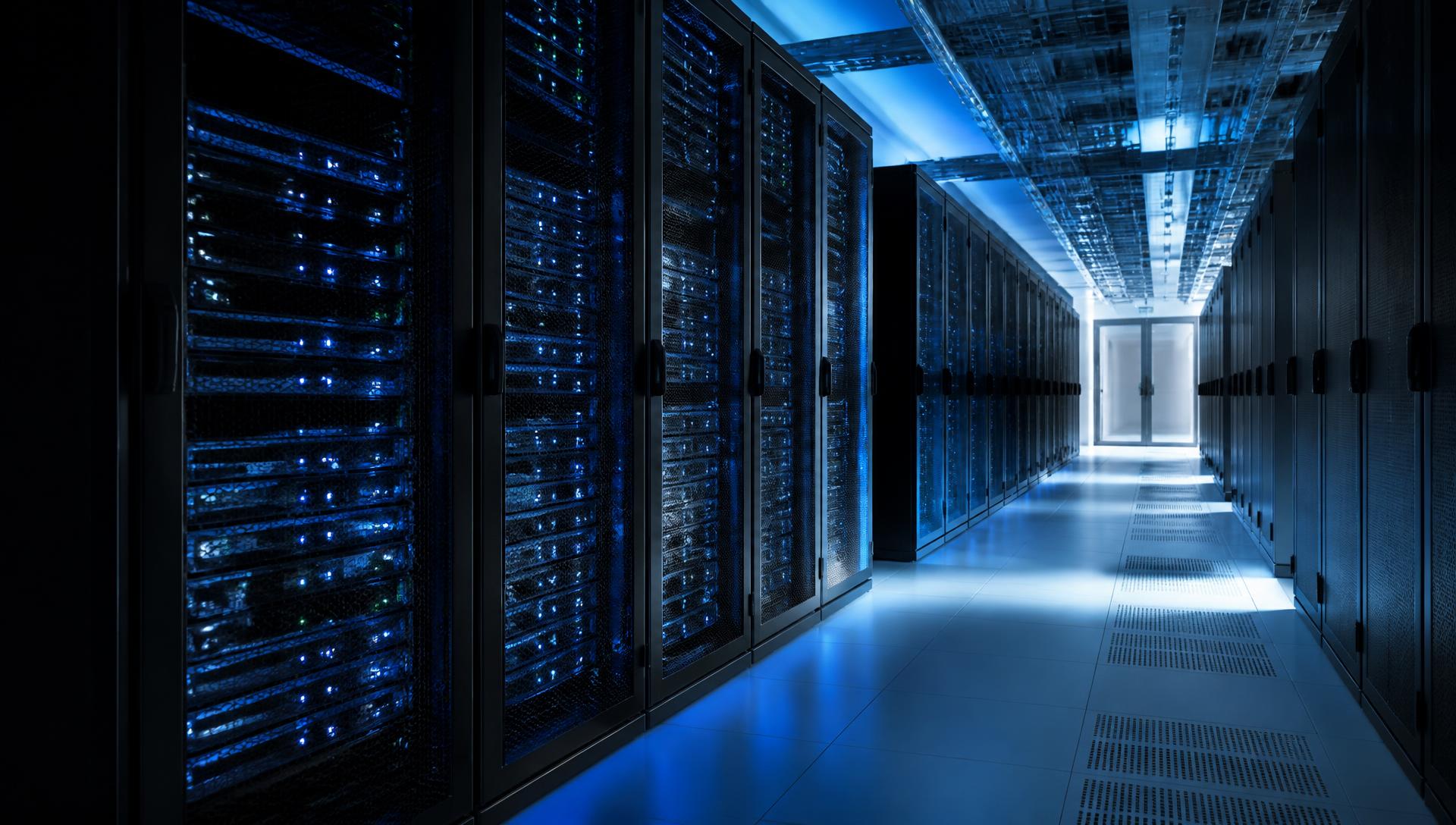 Modern data centre corridor lit in blue
